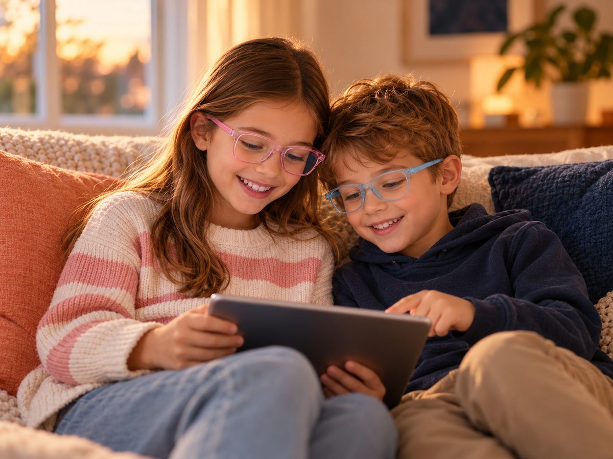 Two kids sharing a tablet on the couch, wearing pink and blue Plemea Kids blue light glasses