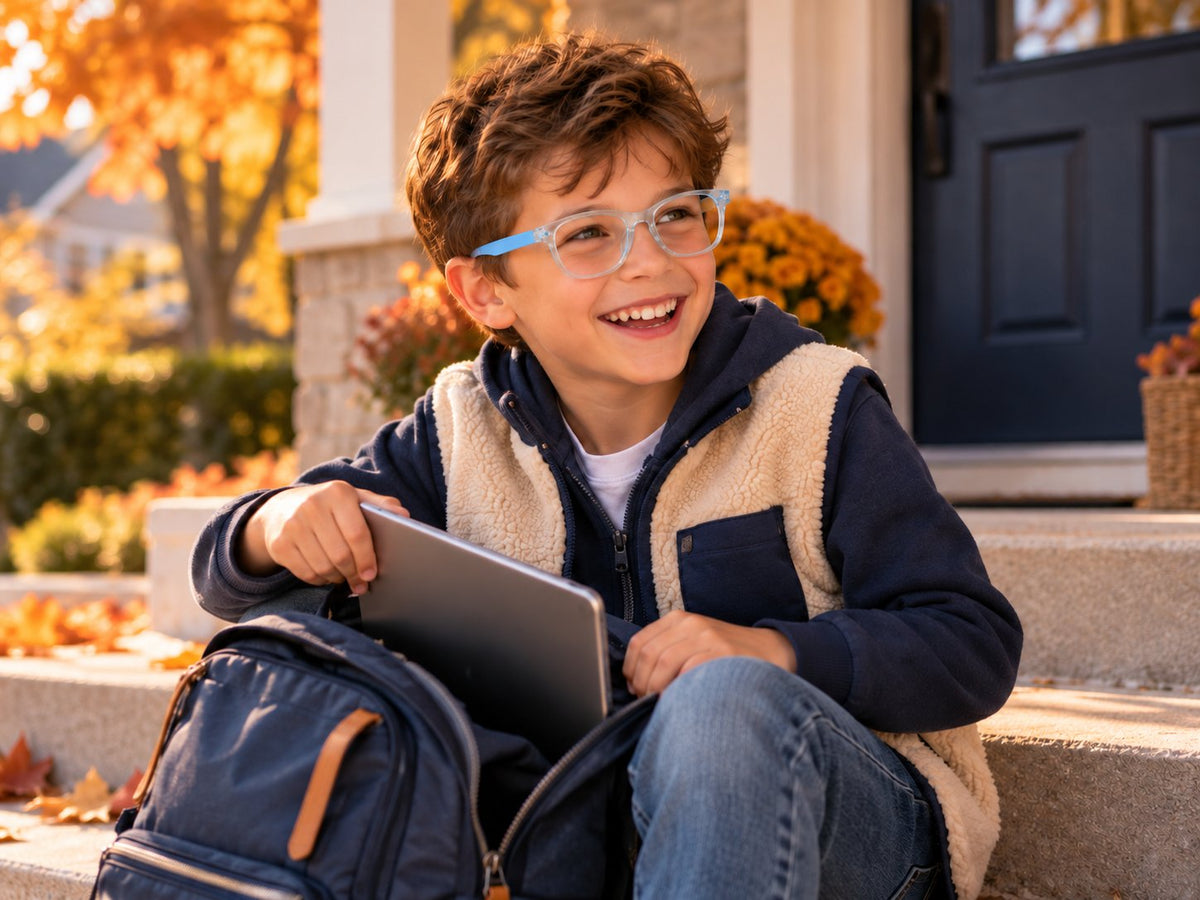 Smiling boy on his front steps with his backpack and tablet, wearing blue Plemea Kids glasses