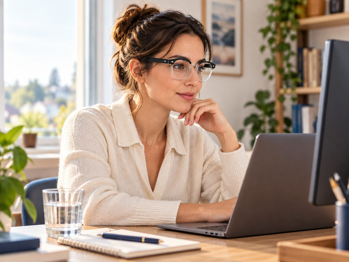 Woman focused at her home office desk wearing Plemea Retro Day clear-lens blue light glasses