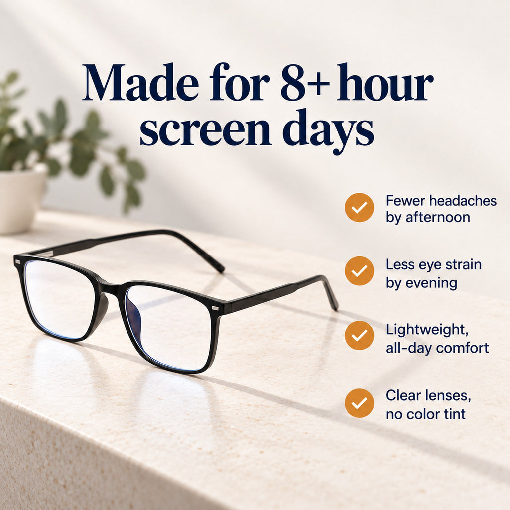 Plemea Classic Day benefits: fewer headaches by afternoon, less eye strain, lightweight all-day comfort, clear lenses