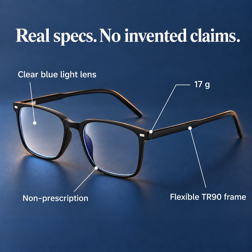 Plemea Classic Day specs: clear blue light lens, 17 g, non-prescription, flexible TR90 rectangular frame