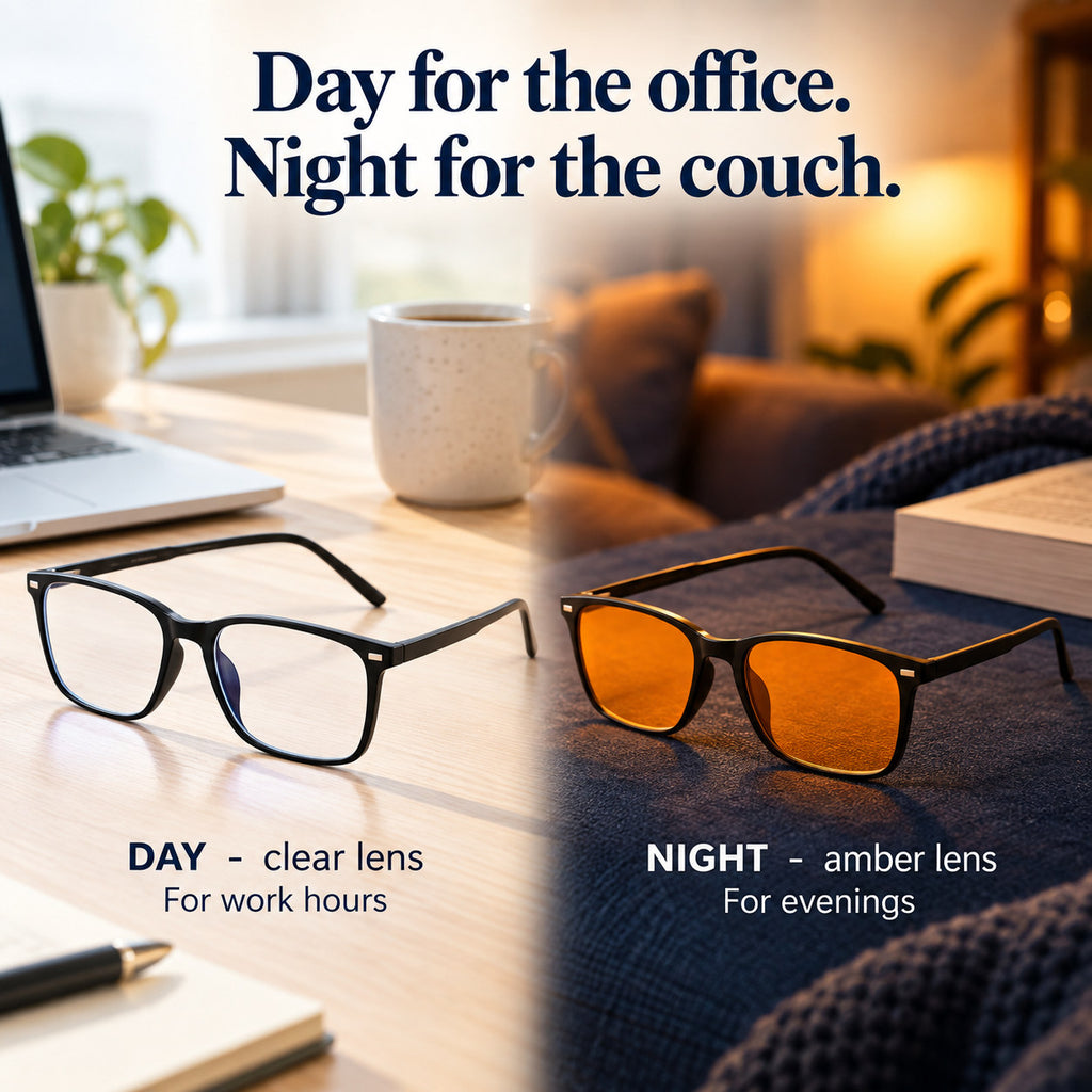 Plemea Classic Day clear-lens glasses for the office next to Classic Night amber-lens glasses for evenings