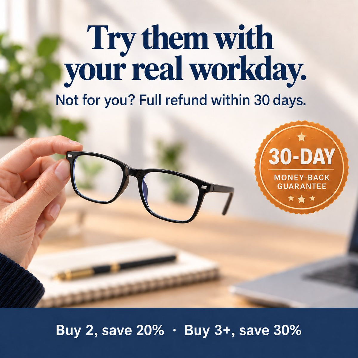 Plemea Classic Day glasses with a 30-day money-back guarantee seal: buy 2, save 20% · buy 3+, save 30%