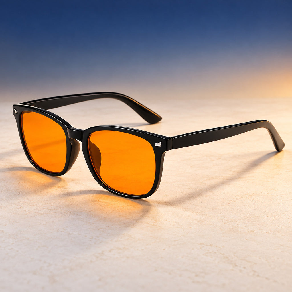 Plemea Classic Night blue light glasses, glossy black rectangular frame with amber-tinted lenses