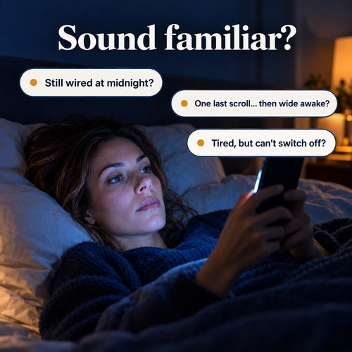 Woman lying awake in bed, lit by her phone screen, still wired at midnight after evening scrolling