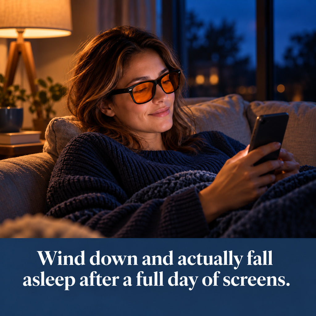Woman relaxing on the couch in the evening, scrolling her phone while wearing Plemea Classic Night amber glasses