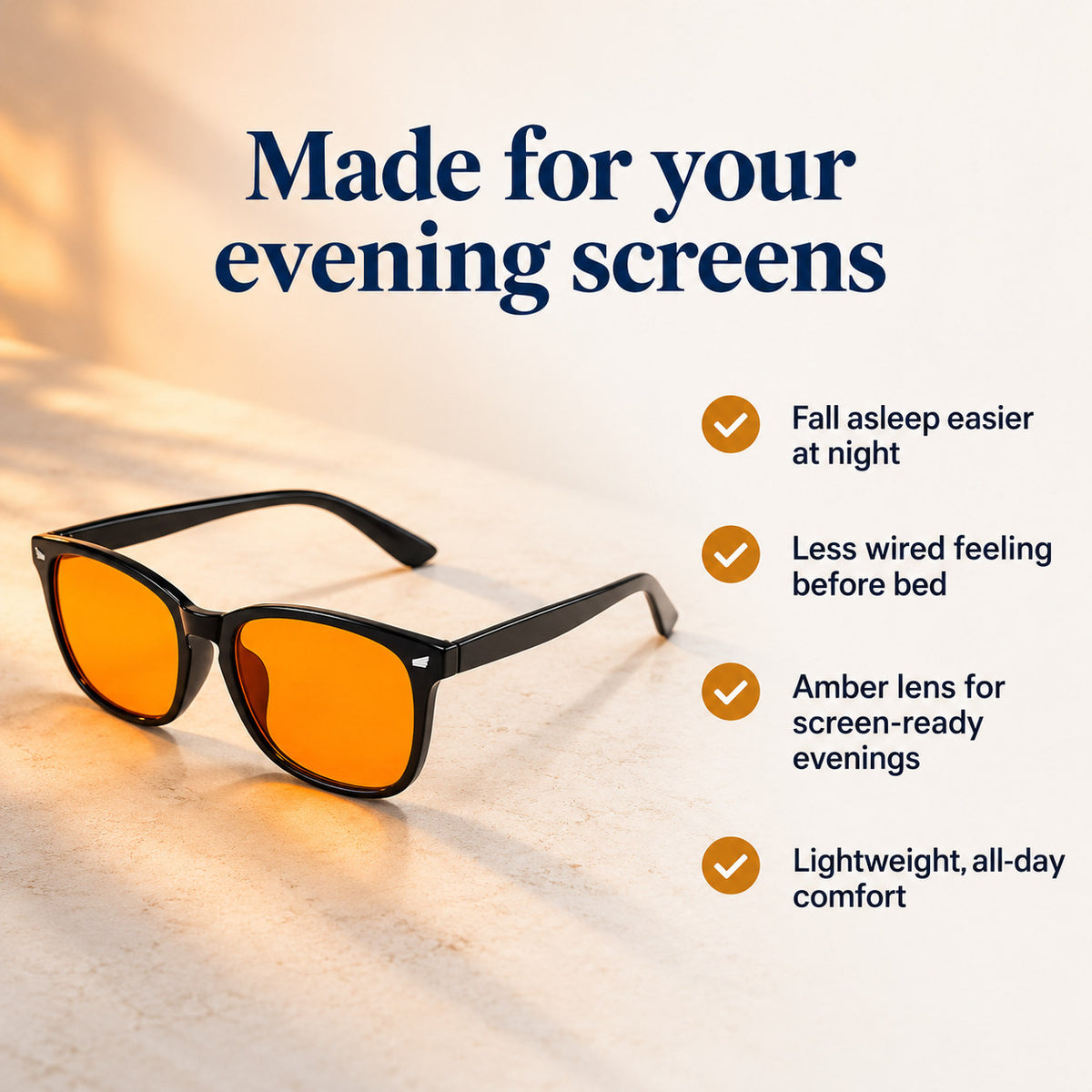 Plemea Classic Night benefits: fall asleep easier, less wired feeling before bed, amber lens, lightweight comfort