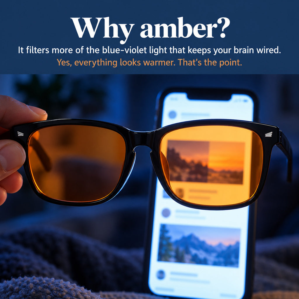 Phone screen seen through Plemea Classic Night amber lenses, which filter more blue-violet light in the evening
