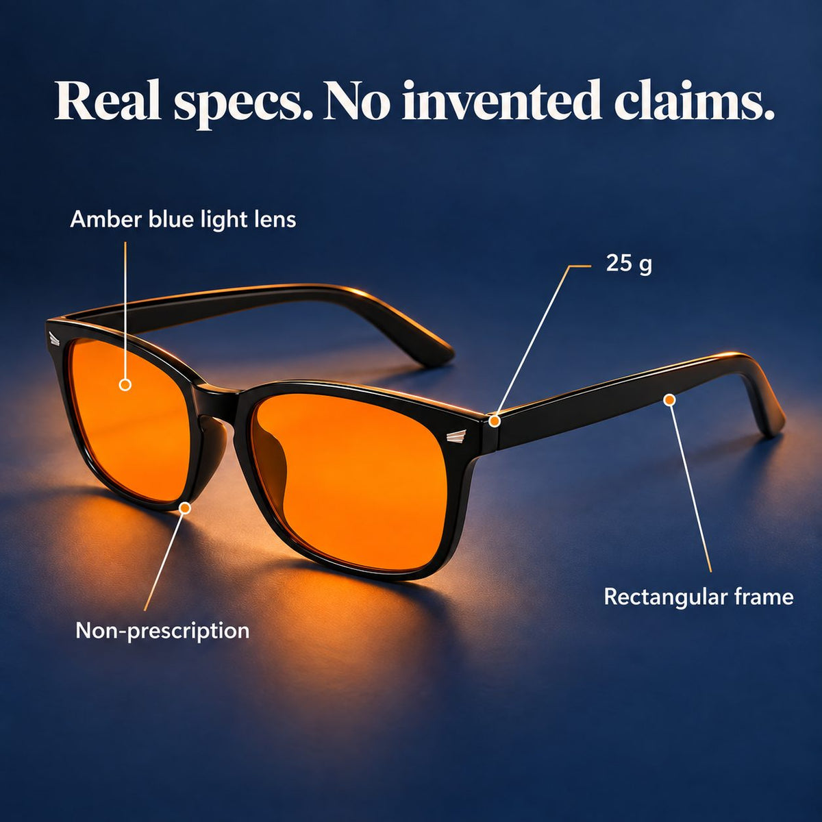 Plemea Classic Night specs: amber blue light lens, 25 g, non-prescription, rectangular frame
