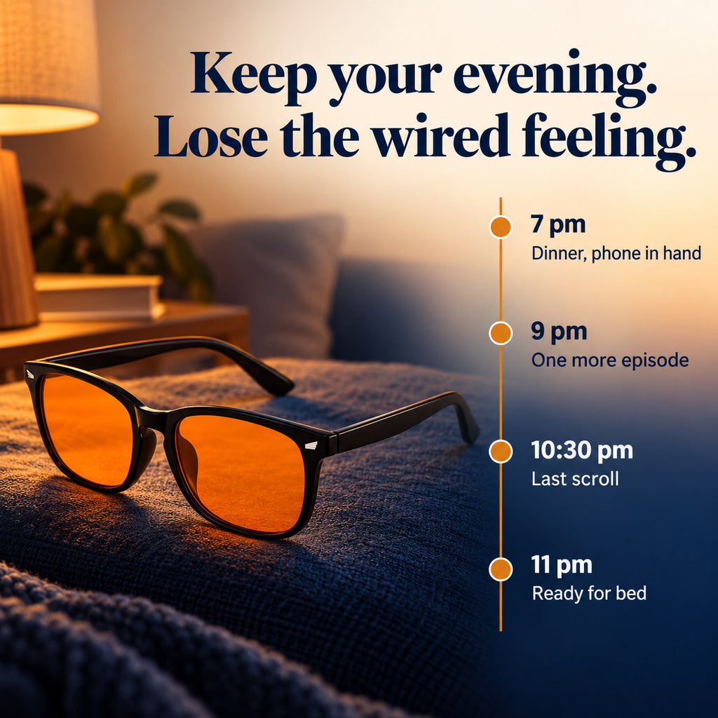 Evening timeline with Plemea Classic Night glasses, from dinner at 7 pm to ready for bed at 11 pm