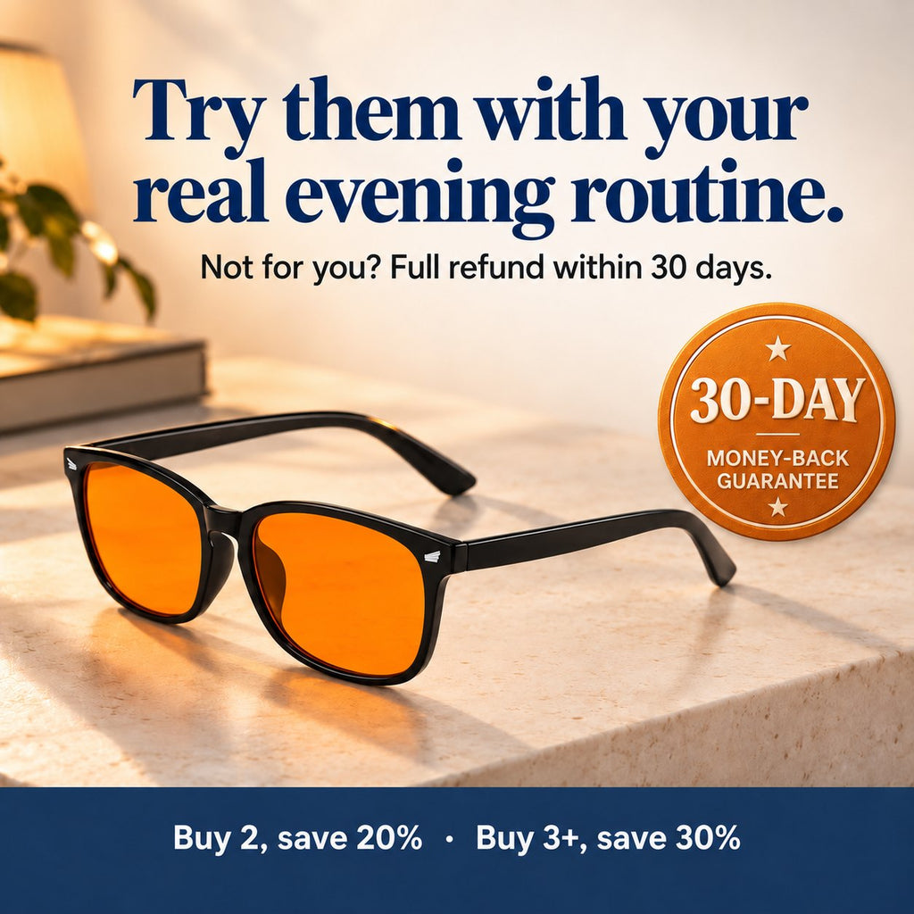 Plemea Classic Night glasses with a 30-day money-back guarantee seal: buy 2, save 20% · buy 3+, save 30%