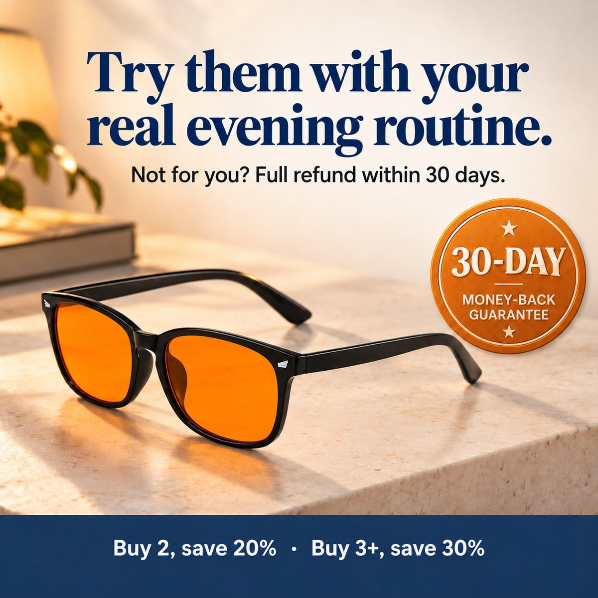 Plemea Classic Night glasses with a 30-day money-back guarantee seal: buy 2, save 20% · buy 3+, save 30%