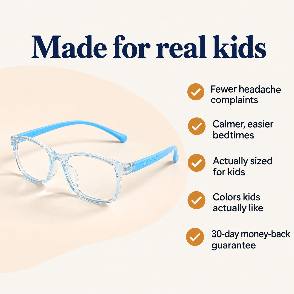 Plemea Kids benefits: fewer headache complaints, calmer bedtimes, sized for kids, colors kids like, 30-day guarantee