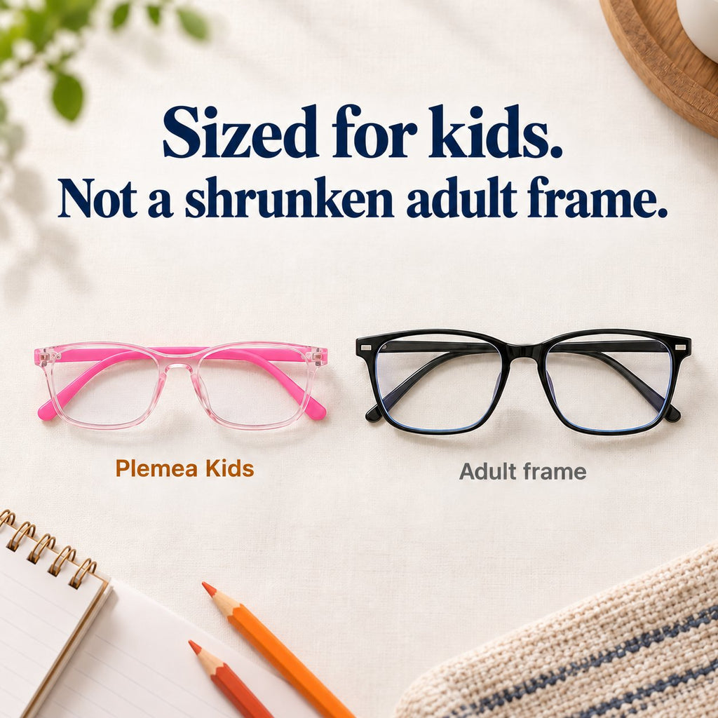 Pink Plemea Kids glasses next to a black adult frame, showing a true kid-sized fit