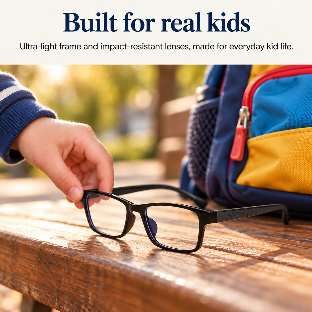 Black Plemea Kids glasses with an ultra-light frame and impact-resistant lenses, next to a school backpack