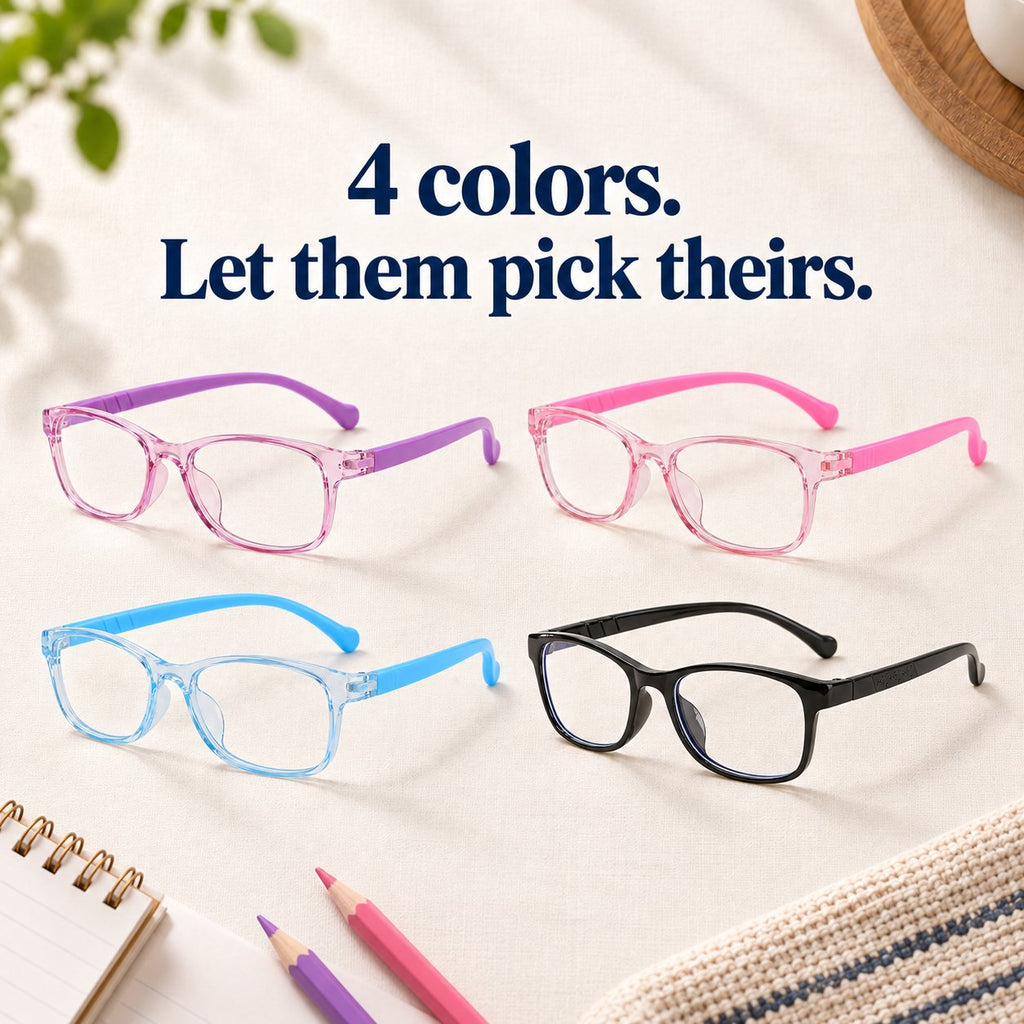 Plemea Kids blue light glasses in 4 colors: purple, pink, blue and black