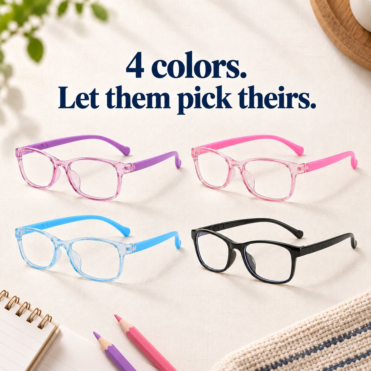 Plemea Kids blue light glasses in 4 colors: purple, pink, blue and black