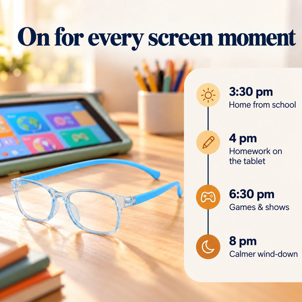 After-school screen routine with blue Plemea Kids glasses, from homework on the tablet to a calmer wind-down