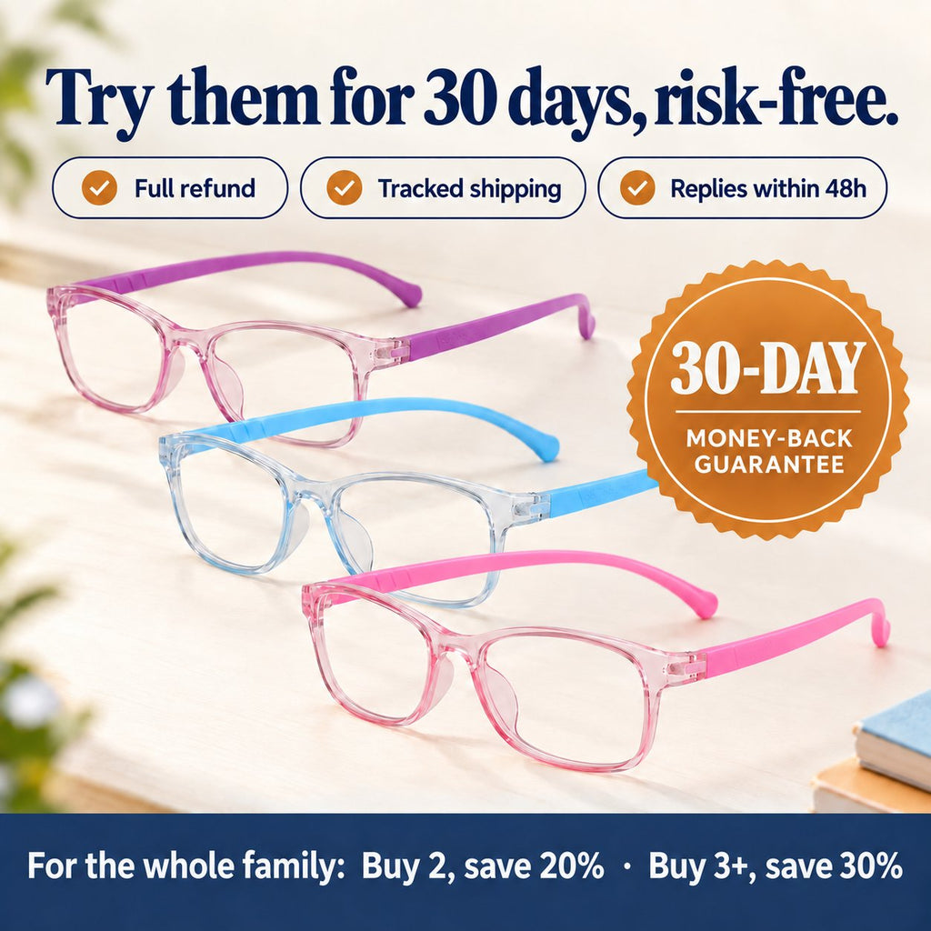 Purple, blue and pink Plemea Kids glasses with a 30-day money-back guarantee seal: buy 2, save 20% · buy 3+, save 30%