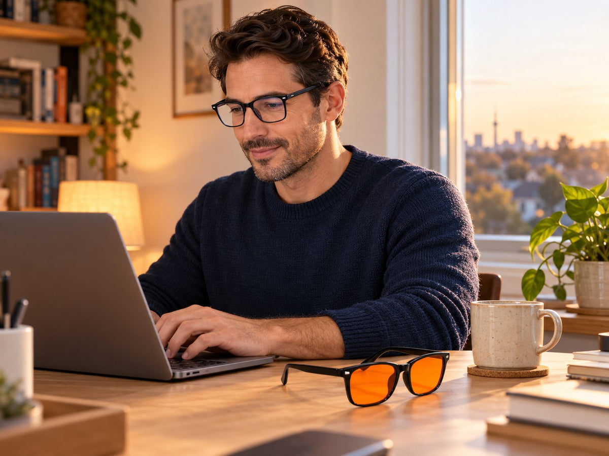 Man working at his laptop wearing Plemea Day clear-lens glasses, with Plemea Night amber glasses on the desk at golden hour