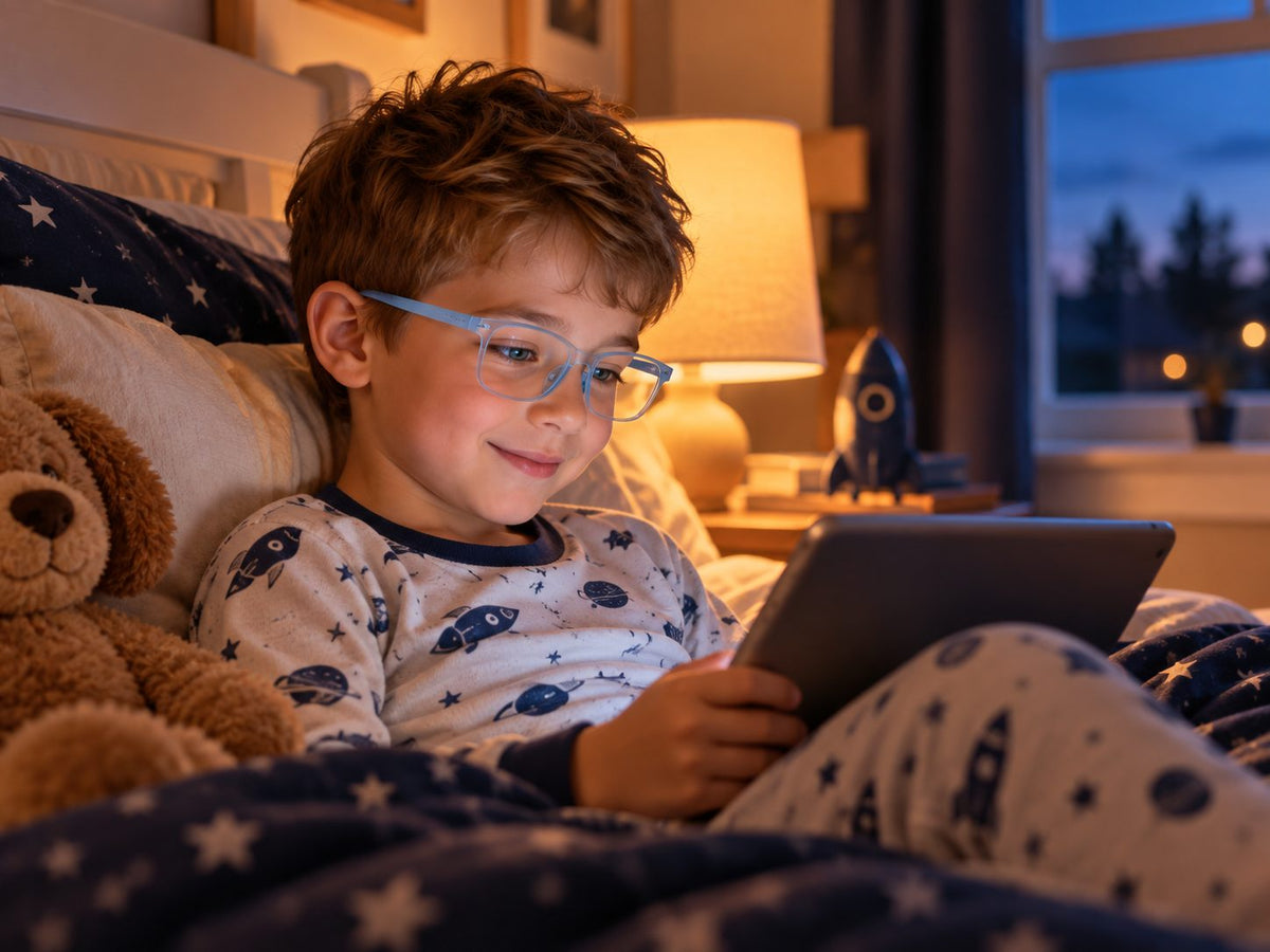 Boy relaxing in bed at bedtime with a tablet, wearing light blue Plemea Kids glasses