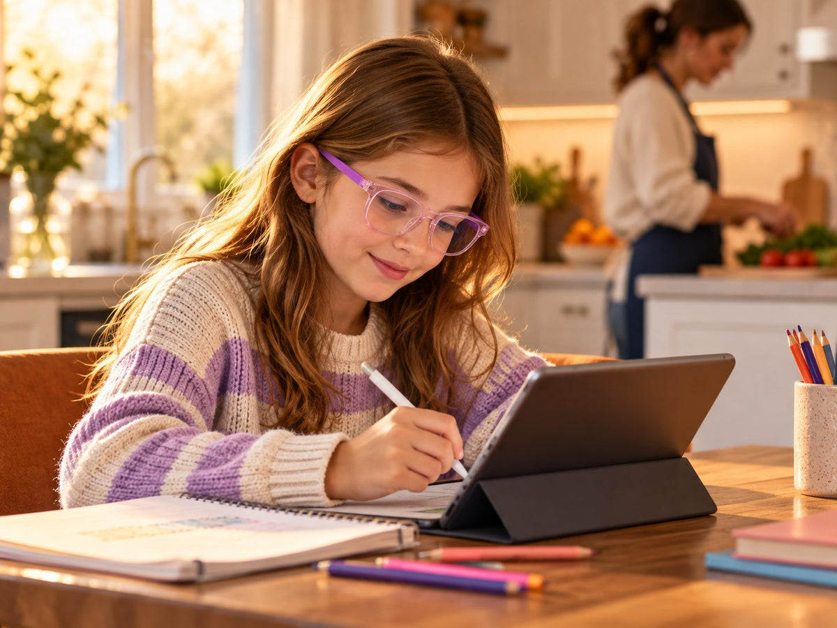 Girl doing homework on a tablet at the kitchen table wearing purple Plemea Kids glasses