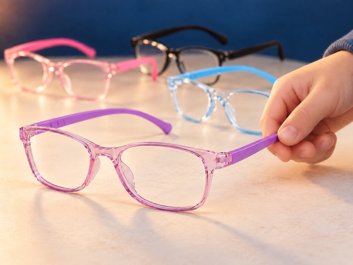 Close-up of purple Plemea Kids glasses, with pink, blue and black pairs in the background
