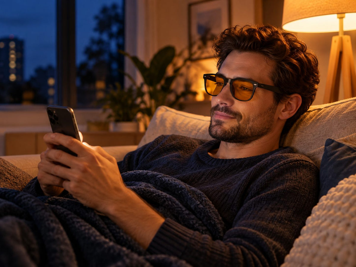 Man relaxing on the couch in the evening, scrolling his phone while wearing Plemea Retro Night amber glasses