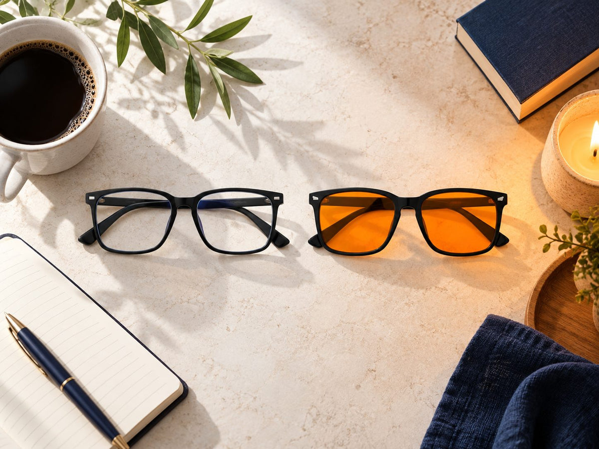 Plemea Day clear-lens and Night amber-lens glasses side by side, with coffee for daytime and a candle for the evening