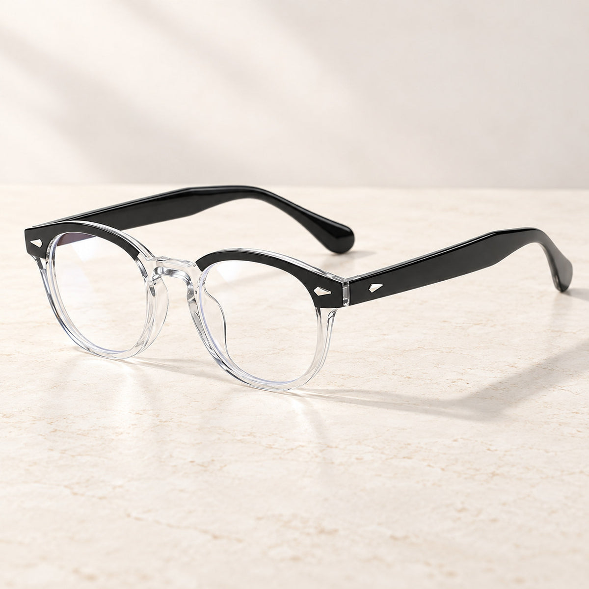 Plemea Retro Day blue light glasses, round retro frame in black and transparent with clear lenses