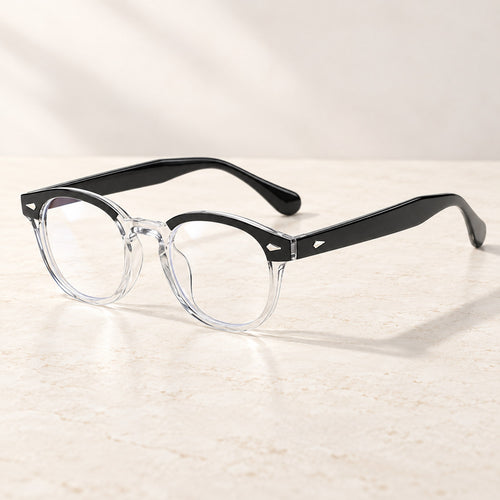 Plemea Retro Day blue light glasses, round retro frame in black and transparent with clear lenses