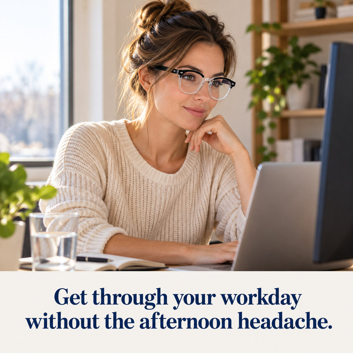 Woman working at her desk wearing Plemea Retro Day round clear-lens blue light glasses