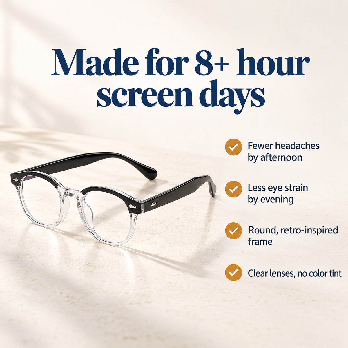 Plemea Retro Day benefits: fewer headaches by afternoon, less eye strain, round retro frame, clear lenses
