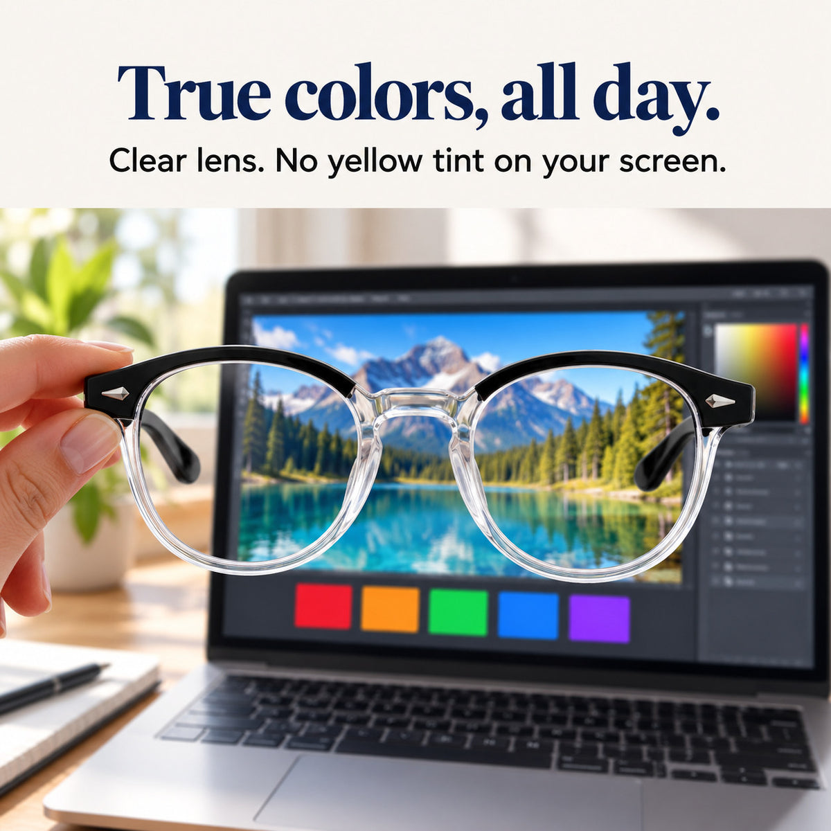 Plemea Retro Day glasses held in front of a laptop: the clear lens keeps screen colors true, with no yellow tint