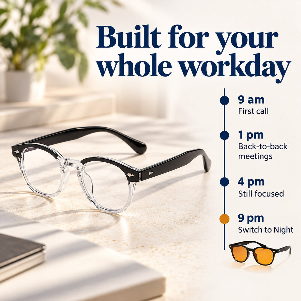 Journée de travail avec les lunettes Plemea Retro Day, de l’appel de 9 h au passage aux lunettes Night à 21 h