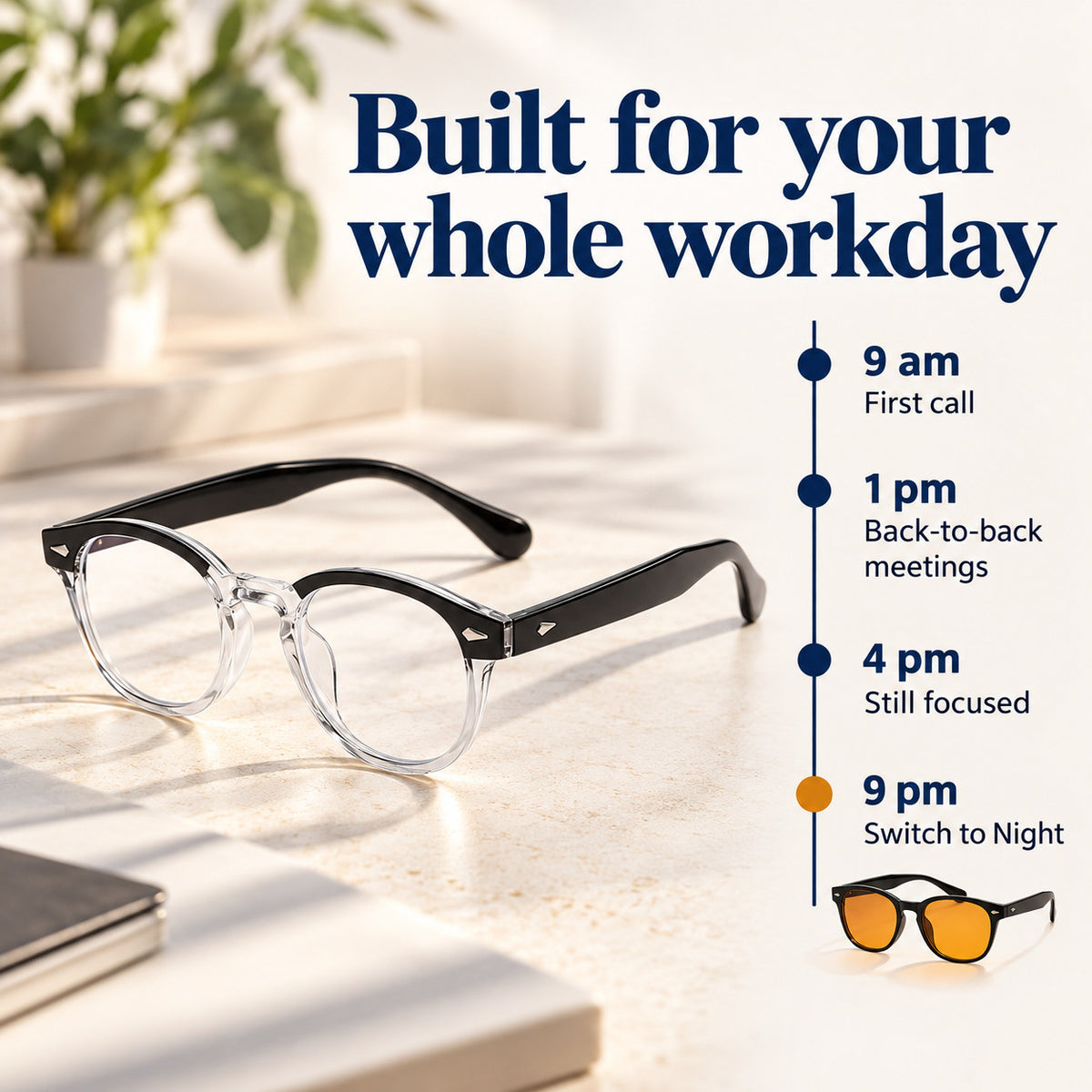 Journée de travail avec les lunettes Plemea Retro Day, de l’appel de 9 h au passage aux lunettes Night à 21 h