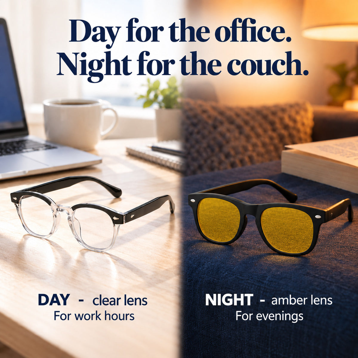 Lunettes Plemea Retro Day à verres clairs pour le bureau, à côté des Retro Night ambrées pour le soir