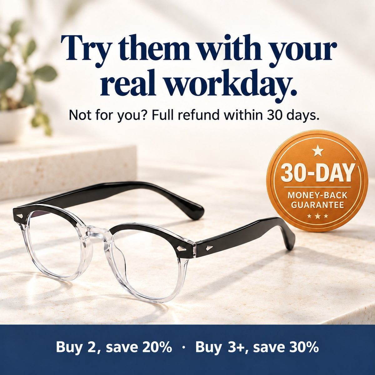 Lunettes Plemea Retro Day avec sceau de garantie satisfait ou remboursé 30 jours : 2 paires, 20 % de rabais · 3 paires et plus, 30 % de rabais