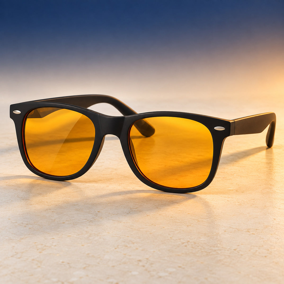 Plemea Retro Night blue light glasses, matte black wayfarer-style frame with amber-tinted lenses