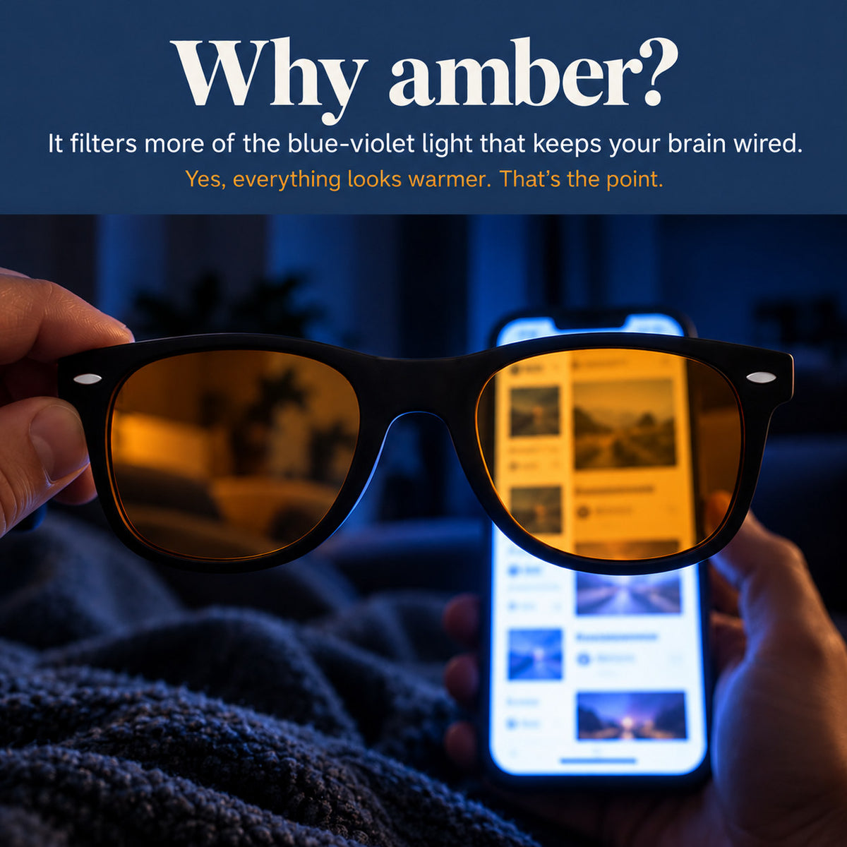 Phone screen seen through Plemea Retro Night amber lenses, which filter more blue-violet light in the evening