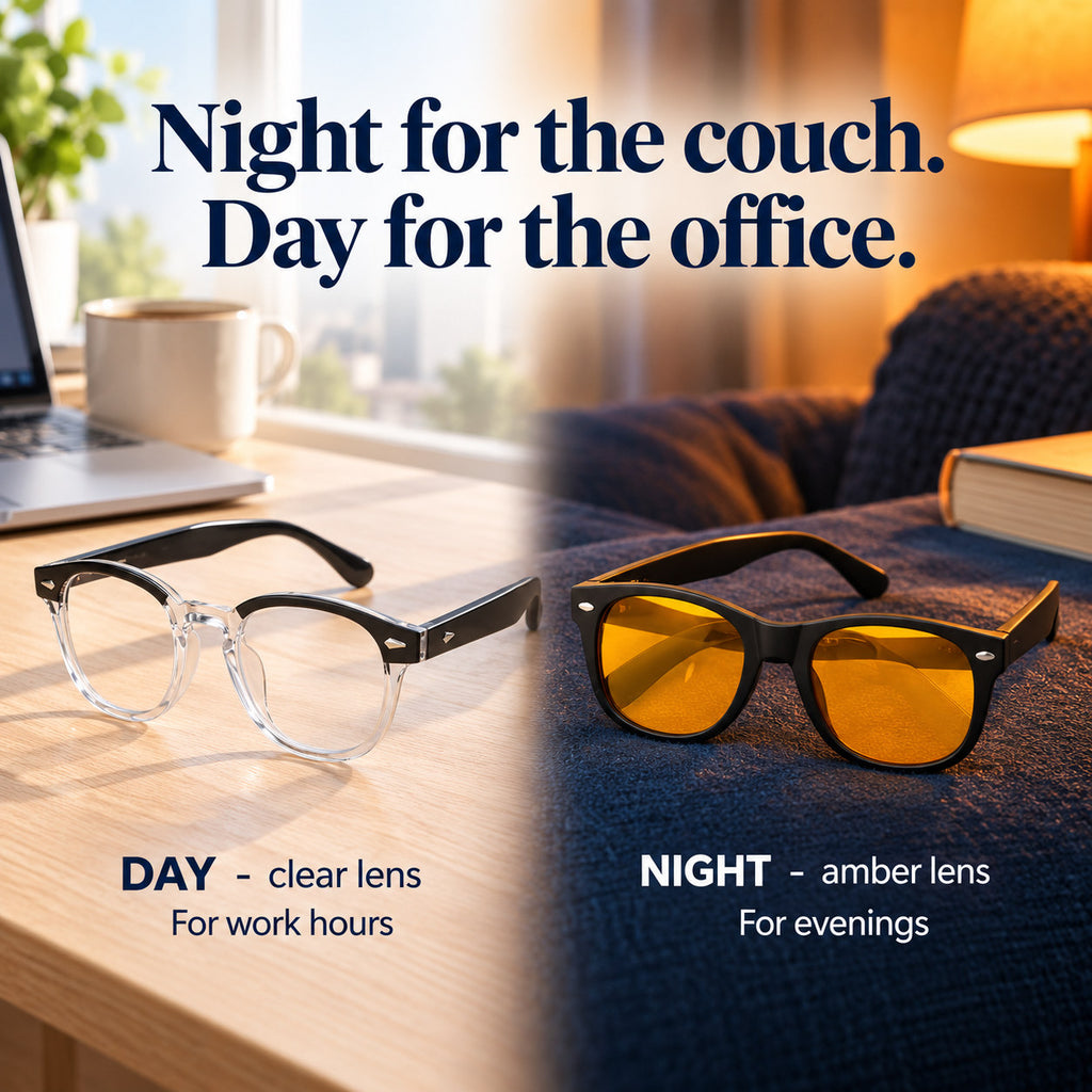 Lunettes ambrées Plemea Retro Night pour le divan, à côté des Retro Day à verres clairs pour le bureau